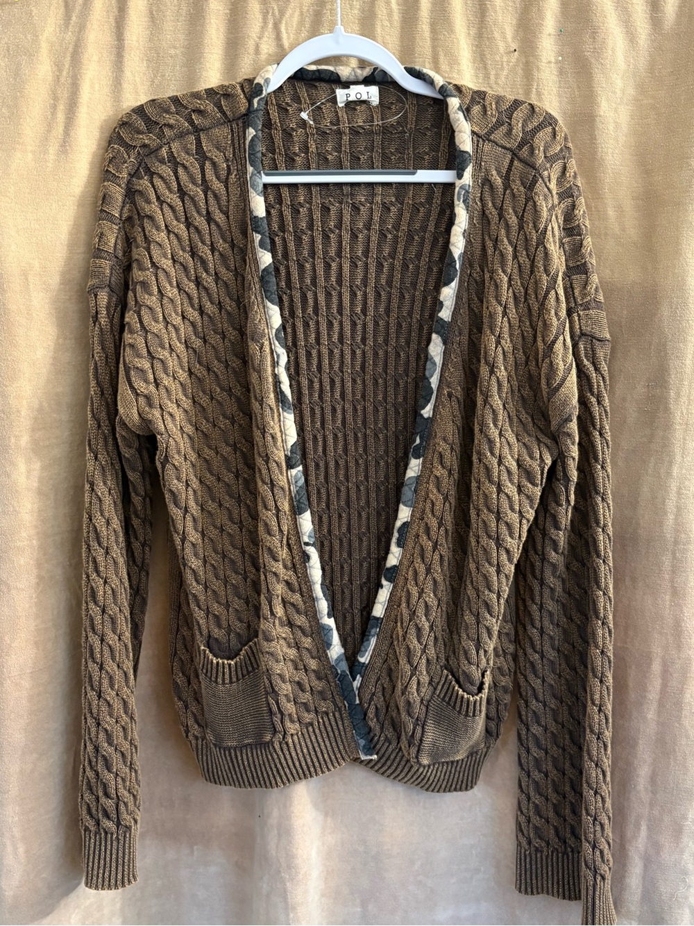 POL Brown Cable-Knit Cardigan with Camouflage Trim